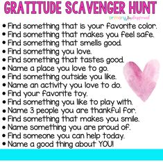 a poem written in pink and blue with a heart on the bottom right hand corner that says,'grateful scavenger hunt '