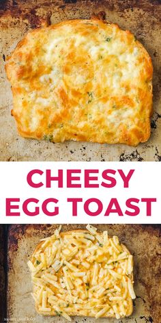 Bread on a sheet pan with a mixture of shredded cheese and egg on top and closeup of baked cheesy toast. Cheesy Egg Toast, Breakfast Favorites, Delicious Smoothie Recipes, Recipe Smoothie, British Cooking, Easy Egg Recipes, 2023 Recipes, Breakfast Goodies, Egg And Cheese