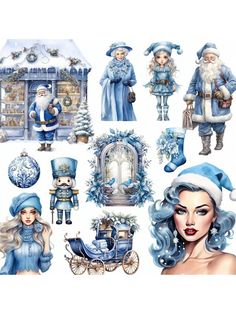 a set of christmas stickers with santa claus and snowmen in blue outfits,