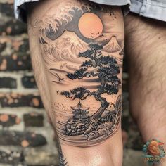 Japanese Temple Back Tattoo, Tattoo Designs Mountains, Upper Arm Tattoo Men Japanese, Tranquility Tattoo Ideas, Japanese Forest Tattoo, Cherry Blossom Tattoo Men Forearm, Japanese Ship Tattoo, Scenery Tattoos For Men, Japan Minimalist Tattoo