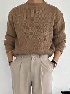 Men’s Neutral Style, Mens Clothing Styles Korean, Tan Outfit Men, Business Casual Outfits Men Work Attire, Boy Clothes Aesthetic, Makeup To Look Older, Men's Fall Fashion, Men Fall Outfits, Sweater Outfits Men