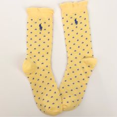 Brand New. Never Worn. Ralph Lauren Knit Paisley Long Socks. Cream Yellow. Ruffle Trim. Cobalt Signature Embroidered Logo. Size: One Size; Approx Shoe Size 6-8. Toe To Heel Measured Flat Before Stretch Is 8” And Total Length Is 14” Ralph Lauren Knit, Cream Yellow, Shoe Inspo, Ralph Lauren Shoes, Long Socks, Ruffle Trim, Hosiery, Cobalt, Paisley