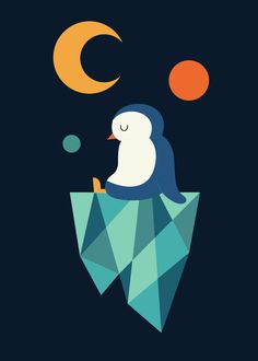 a penguin is sitting on top of an iceberg with the moon in the background