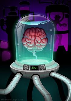 a digital illustration of a human brain in a glass jar on a tripod stand