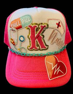 Customized Nurse Patch Trucker Hat Choose letter in personalization SO SO SO CUTE Cheap Trucker Hat With Letter Patch, Trucker Patch Hat Ideas, Patch Hat Ideas, Trucker Hats With Patches, Diy Trucker Hat, Truckers Hats, Diy Caps, Hat With Patches, Hat Business