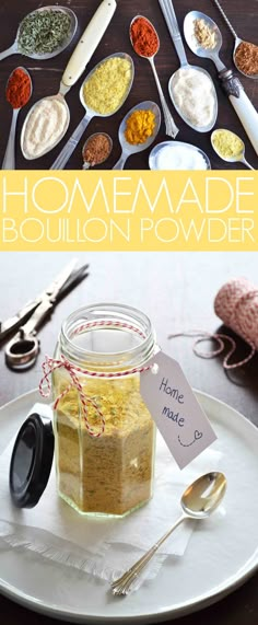 homemade bouilon powder recipe in a jar with spoons and measuring spoons