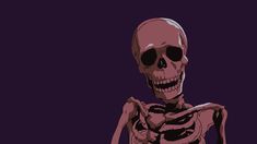 a skeleton standing in front of a purple background