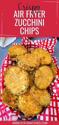 crispy air fryer zucchini chips on a red and white checkered plate