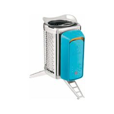 a blue toaster sitting on top of a metal stand