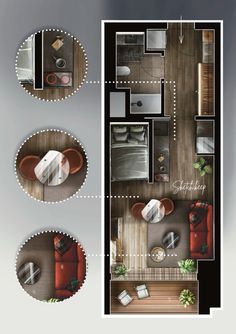 an overhead view of a living room and bedroom in a small apartment, with floor plans