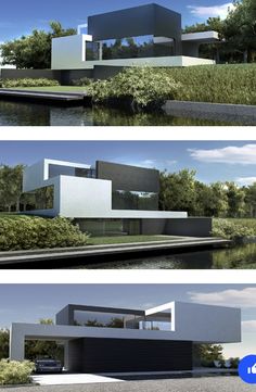 three different views of a modern house with water and trees in the foregrounds