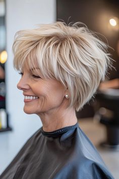 Click for More ➡️ | Save for Later ❤️  The layered shag in champagne blonde offers a fun, dynamic look. The choppy layers and soft blonde hues create a lively, youthful appearance. (Champagne Blonde Layered Shag - Short Haircuts For Women Over 50) Short Hair Styles Blonde, Shag Short, Layered Shag, Pixie Haircut Ideas, Modern Short Hairstyles, Haircuts For Women Over 50, Soft Blonde, Choppy Layers, Shag Haircuts