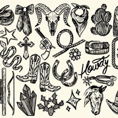 Western Cowgirl Essentials Graphics Country Back Tattoos, Western Vintage Tattoo, Western Flash Art, Vintage Cowgirl Tattoo, Western Flash, Western Doodles, Cowgirl Essentials, Vintage Cowgirl Tattoo Flash