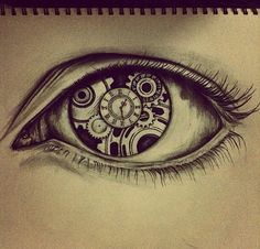 a drawing of an eye with gears in it