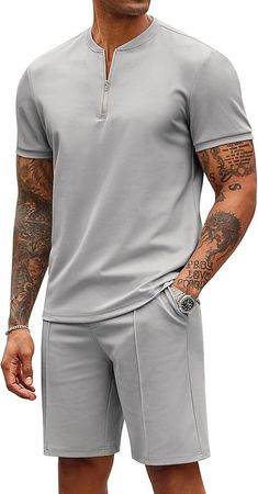 COOFANDY Men's 2 Pieces Outfits Casual Quarter Zip Polo T Shirt and Shorts Set Athletic Jogging Summer Tracksuit at Amazon Men’s Clothing store Men Scrubs, Mens Kaftan, Aop Print, Summer Tracksuit, 2 Pieces Outfits, Pieces Outfits, Shirt And Shorts Set