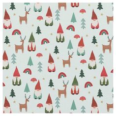 christmas trees, deers and mushrooms are featured on this white fabric with red and green accents