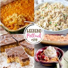 several different pictures with the words weekend potluck on them and some desserts