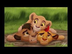 the lion king and his cubs laying down in the grass with their heads on each other