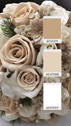 a bouquet with white roses and greenery on it is shown in the color taupe