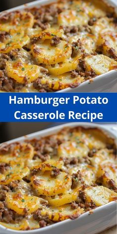 two pictures of hamburger potato casserole in a white dish with cheese on top