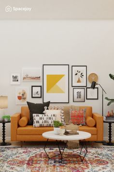 a living room filled with lots of furniture and pictures on the wall above it's coffee table