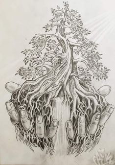 a drawing of two hands holding a tree with roots in the shape of their hands