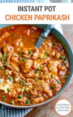 the instant pot chicken paprikash recipe is shown in a pan with peas