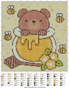 a cross stitch pattern with a teddy bear holding a honey pot and bees around it