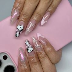 ig nailz.celee ;! snoopy coquette pink almond nails Valentines Snoopy Nails, Hello Kitty Vday Nails, Snoopy Nails Valentines Day, Snoopy Valentines Nails, Coquette Nails Coffin, Sanrio Valentines Nails, Snoopy Valentines Day Nails, Tweety Bird Nails, Snoopy Nails Design