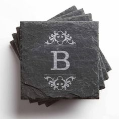 Keep your furniture safe with this set of four coasters. Made of stunning charcoal slate. We personalize each one with any single initial you choose. Color: Black. Personalized Kitchen, Slate Coasters, Personalized Initials, You Choose, Coasters, Personalized Gifts, Initials, Furniture, Color