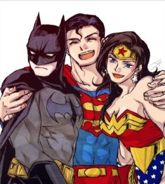 two women and a man are hugging in front of the camera, one is wearing a superman costume