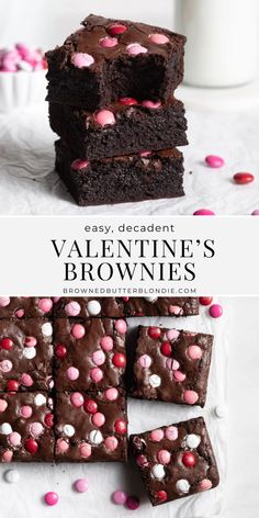 valentine's brownies with pink and white sprinkles are stacked on top of each other