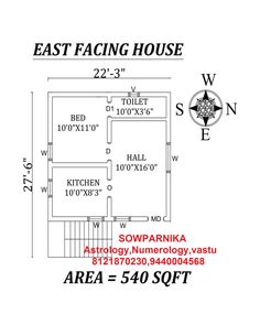 the east facing house is shown with measurements for each room and floor area in it