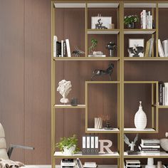 a living room filled with lots of books on top of wooden shelves next to a white chair