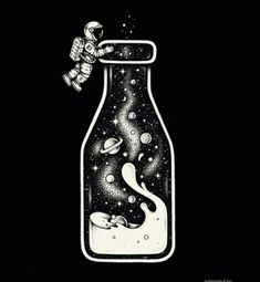 an astronaut floating in a bottle filled with liquid and stars on the side, as if it