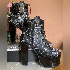 Brand New, In Original Box, Never Worn, Us 10 Black Synthetic Boots For Halloween, Black Gothic Synthetic Heels, Black Gothic Heels With Closed Toe, Gothic Black Closed Toe Heels, Black Gothic Heels For Evening, Gothic Black Heels For Evening, Gothic Black Evening Heels, Edgy Black Heels For Halloween, Black Punk Heels For Halloween