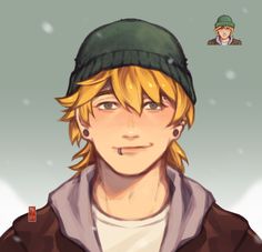 an anime character with blonde hair wearing a green beanie and looking at the camera