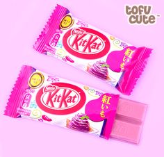 two pink candy bars sitting next to each other