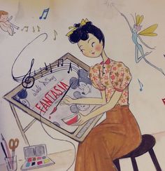 a drawing of a woman sitting at a desk with music notes on the wall behind her