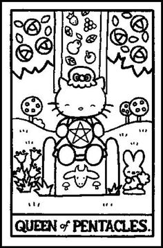 the queen of pentacles coloring page with an image of a cat sitting on a chair