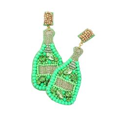 Earring Details: Size : 1" X 3" Post Back Green Beaded Dangle Earrings For Celebration, Lowest Price, Champagne, Dangle Earrings, On Sale, Felt, Stone, Green