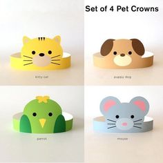 four different types of cat, dog and mouse headbands with the words set of 4 pet crowns