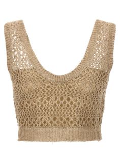 Crop top in openwork linen knit with silk insert underneath. Composition: 70% linen, 30% silk | Brunello Cucinelli Women's Openwork Crop Top in Beige | SS24 Knit Crop Top, Knit Crop, Brunello Cucinelli, Luxury Boutique, Stylish Men, Italian Design, Clothing Brand, Fitness Models, Crop Top