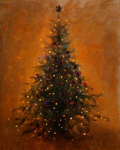 a painting of a christmas tree with lights