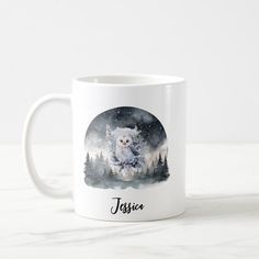 a white owl sitting on top of a snow covered forest with the word josia written below it