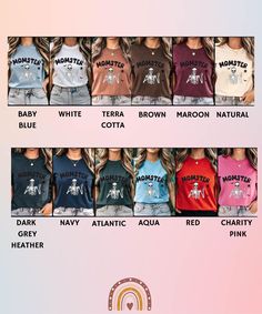 women's short sleeved shirts in different colors and sizes, with the names of each