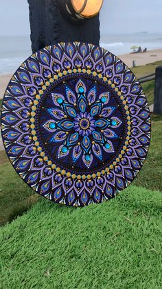 a blue and yellow plate sitting on top of green grass next to a light pole