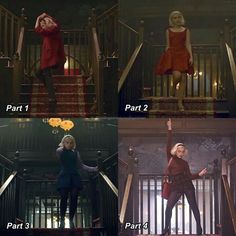 four different pictures of the same person on stairs, one in red and one in black