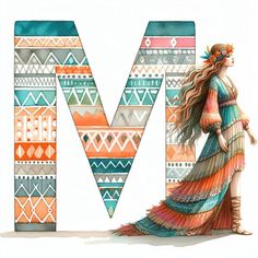 a watercolor painting of a woman in a long dress standing next to the letter m