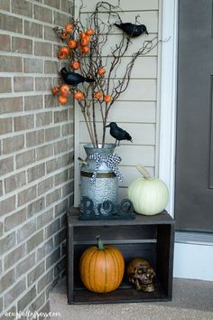 two pumpkins are sitting on a shelf in front of a door with black birds